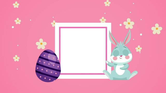 happy easter day with cute rabbit and egg painter in square frame
