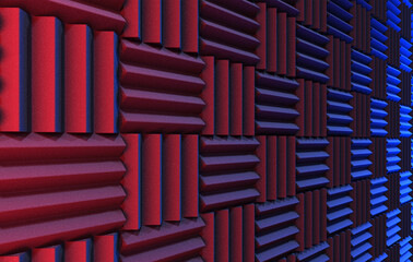 Wall of acoustic foam panels illuminated by red and blue lights. 3d illustration