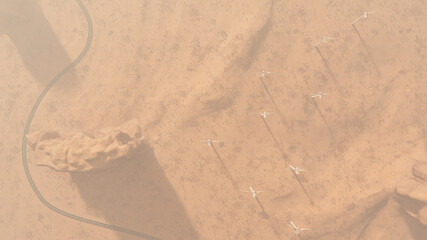 Top View of a Desert Area with Wind Turbines 3D Rendering