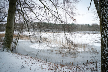 Brzeg więcborskiego jeziora zimą