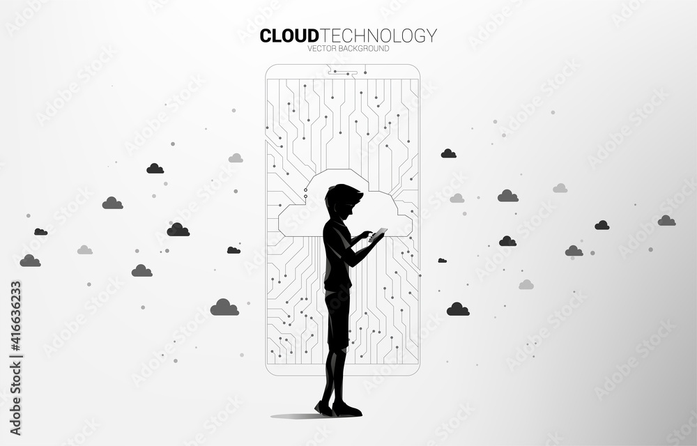 Poster man with mobile phone with cloud icon shaped mobile phone with circuit line graphic, concept of Cloud computing network technology