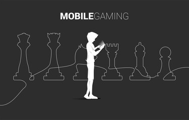 man with mobile phone and chess piece silhouette line background. icon for business planning and strategy thinking gaming