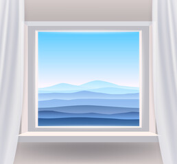 Open window interior home with a minimal landscape view nature. Country mountains landscape from view the window of fields panorama. Vector illustration flat cartoon style