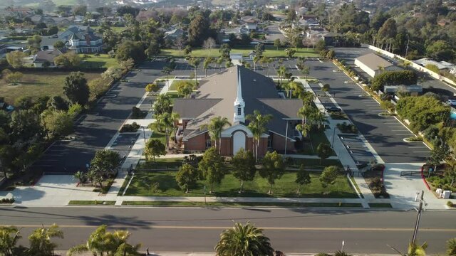 Aerial Video of LDS Mormon Church Building, Oceanside, California. The Church of Jesus Christ of Latter-day Saints, LDS, Mormon Church. International Christian religion.