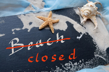 starfish and shells on a black chalkboard with the inscription "beach closed"