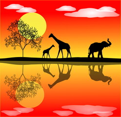 Fototapeta na wymiar Siluetas de jirafas y elefante bajo el sol con reflejo en un lago tranquilo