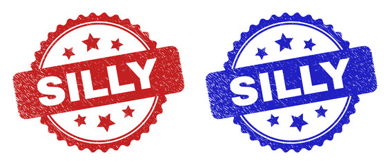 Rosette SILLY seals. Flat vector textured seals with SILLY title inside rosette shape with stars, in blue and red color variants. Watermarks with grunge texture.