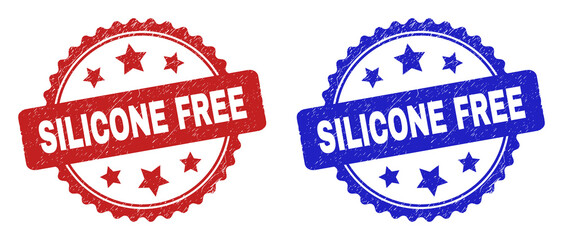 Rosette SILICONE FREE seals. Flat vector scratched seals with SILICONE FREE title inside rosette with stars, in blue and red color versions. Imprints with grunge surface.