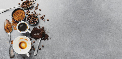 Espresso served in cups with coffee beans