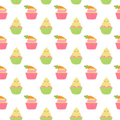 Cute Easter cupcakes seamless pattern with chicken and carrot. Vector illustration isolated.