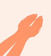 Two hands showing or holding something on top view. Female or male open hands up. Two hands reaching out for help. Isolated Vector illustration. Opening empty handful and lifting them up for help