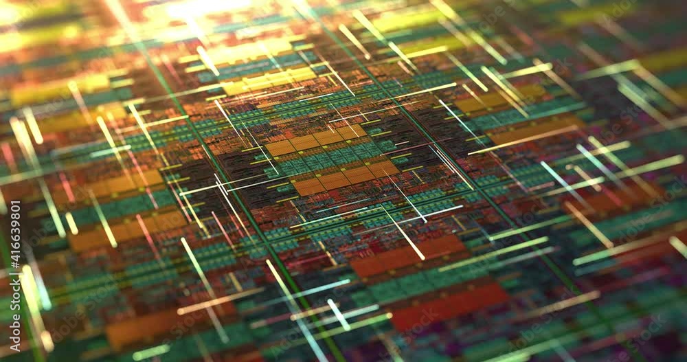 Poster digital futuristic chips with particles and digital data flow connections. digital abstract backgrou