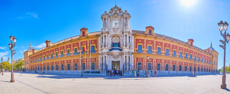 Panorama of Palace of San Telmo in Seville, Spain