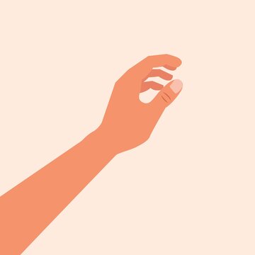 Hand touching or holding to something. Hand making gesture while grasp or catch, take, keep something isolated white background. Grabbing something by hand. Vector illustration. Realistic hand. eps10 