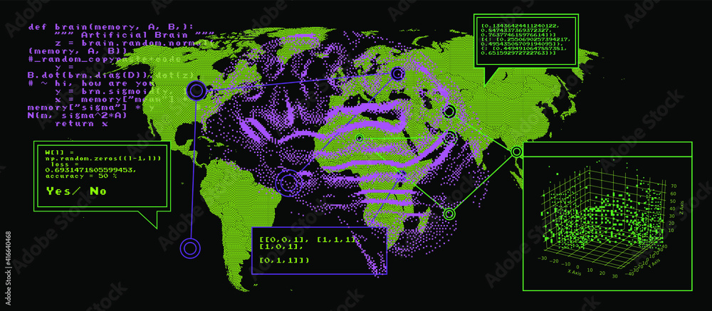 Leinwandbilder Sci-fi retrofuturistic dashboard with message boxes and windows. Computer screen of hacker's desktop with programs and charts, map of the world. 