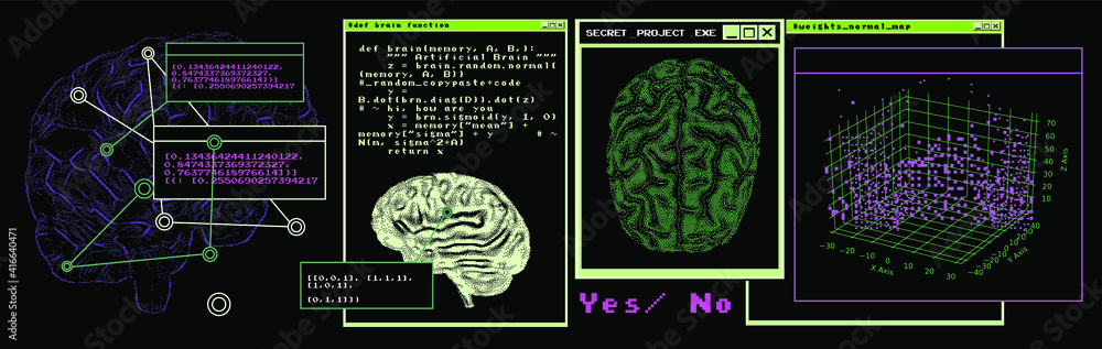 Aufkleber Sci-fi futuristic dashboard with message boxes and windows. Computer screen of scientist's desktop with brain MRI scans, programs and charts.