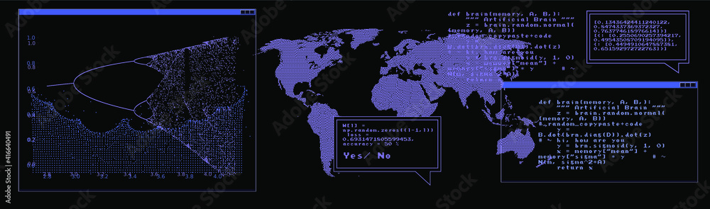 Poster Sci-fi retrofuturistic dashboard with message boxes and windows. Computer screen of hacker's desktop with programs and charts, map of the world. 