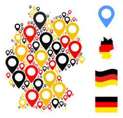 Obraz premium German state map mosaic in German flag official colors - red, yellow, black. Vector map marker design elements are placed into mosaic Germany map composition.