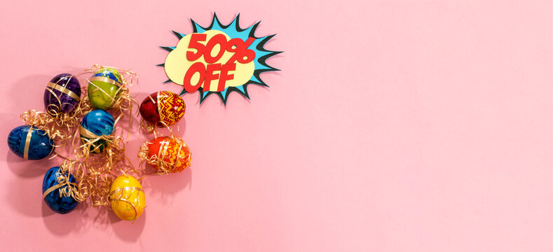 Top view of easter eggs. 50% off pop style.