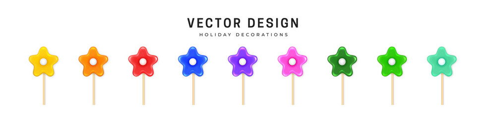 Decorative sweets lollipops flowers. Set of multicolored five-petal flowers with glossy glitter on a stick. Isolated on white background. Design elements for festive decoration.