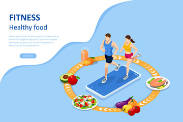 Isometric Healthy food and Diet planning concept. Healthy eating, personal diet or nutrition plan from dieting expert. Nutrition consulting, diet plan. Excess weight