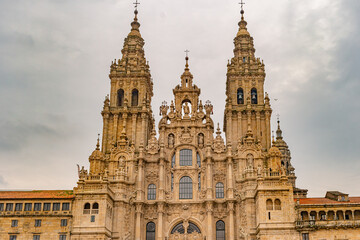 Fototapeta na wymiar Santiago de Compostela Cathedral view from Obradoiro square. Cathedral of Saint James, Spain. Galicia, pilgrimage.