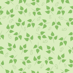 Simple spring vector pattern. Leaves and curls on green background. For textiles, wrapping paper, etc.