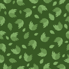 Simple vector spring pattern with leaves on dark green background. For textiles, wrapping paper, etc.
