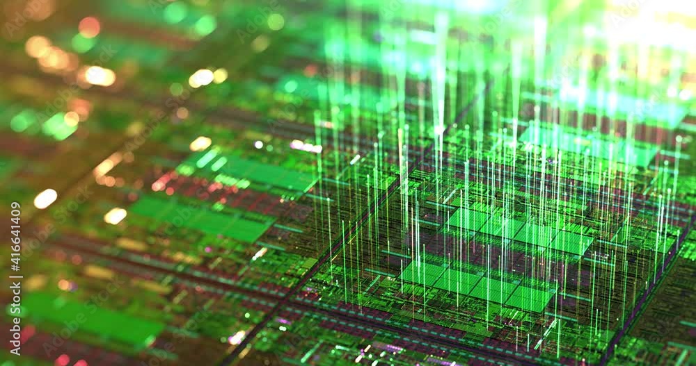 Poster green futuristic stream. digital data flow. creative abstract background. dynamic particles with dat