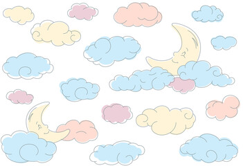 Color seamless pattern with doodle clouds and moon. Kids background.