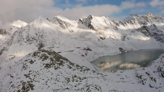 Awesome Aerial Shot of Beautiful Snowy Mountain Peak and Lake in the Middle