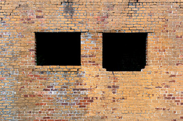 Old Orange Brick Wall with Two Open Window Frames