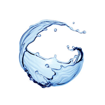 recommend clip art: 3d render, dynamic blue water jet, wavy spherical splash clip art isolated on white background. Twisted liquid shape, splashing wave