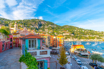 Scenic view of the colorful town, bay and marina of Villefranche Sur Mer, on the French Riviera coast of Southern France.