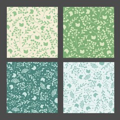 Set of simple spring vector patterns.
Silhouettes of plants on different backgrounds. For textiles, wrapping paper, etc.