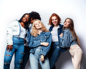 diverse multi nation girls group, teenage friends company cheerful having fun, happy smiling, cute posing isolated on white background, lifestyle people concept, african-american and caucasian