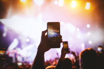 Taking a photo by mobile phone at a concert in front of the stage light.
