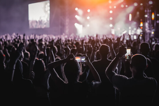 People with raised hands, silhouettes of concert crowd in front of bright stage lights.