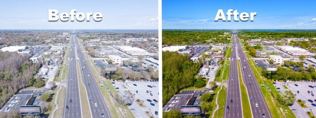 Color correction before and after. Before and after example of photo editing process, color correction, brightness, saturation, exposure and sharpness. Highway or Freeway road. City panorama landscape