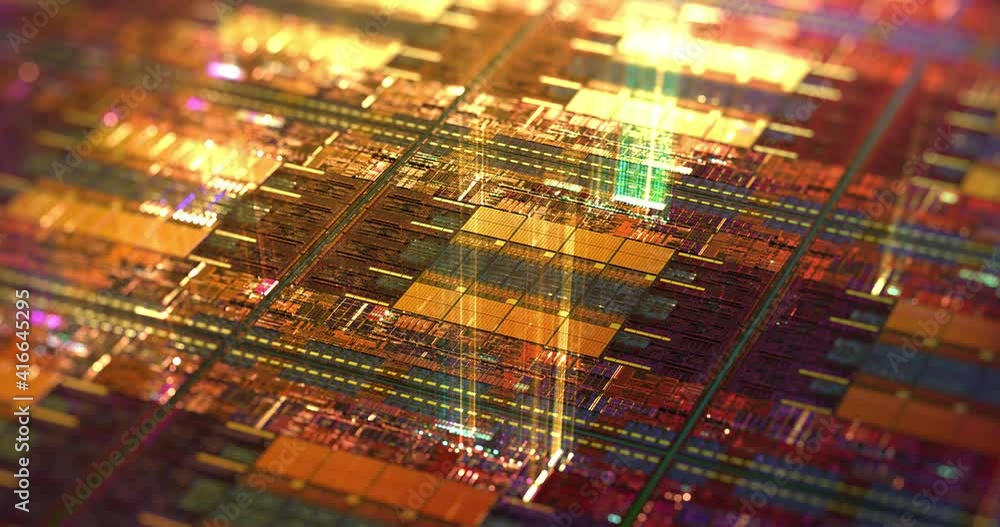 Poster computer chip with light rays streaming out, high tech background. macro shot of microchip on silico
