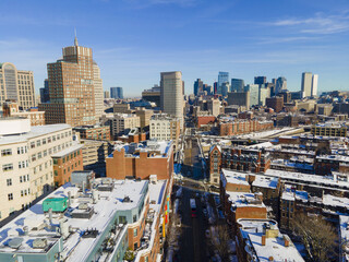 Obraz premium Boston financial district modern skyline on Columbus Avenue in winter at downtown Boston, Massachusetts MA, USA. 