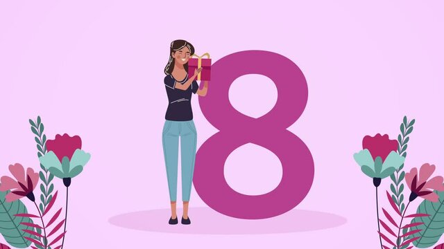 happy womens day card with girl and number eight