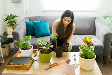 Positive woman with good mental health doing gardening