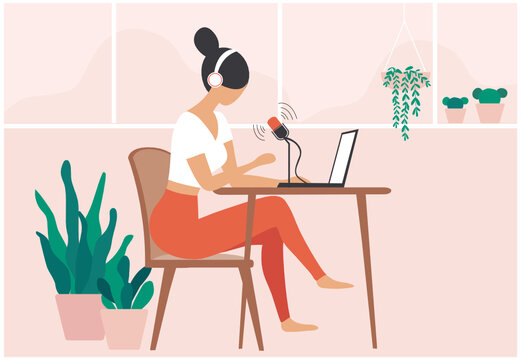 Woman Podcaster Talking To Microphone Recording Podcast At Home Vector Illustration. Podcaster And Vlogger Concept