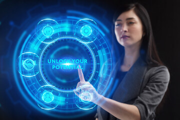 Business, Technology, Internet and network concept. Young businessman working on a virtual screen of the future and sees the inscription: Unlock your potential