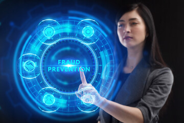 Business, Technology, Internet and network concept. Young businessman working on a virtual screen of the future and sees the inscription: Fraud prevention
