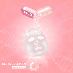 Pink glutathione and collagen pack with capsule and the third ingredient can be separated. On a light pink background. Healthy life medical and dietary supplement.