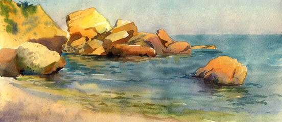 Watercolor illustration. Stones and rocks by the seas, blue sea. Calm waves, warm. Vacation time near seashore. Natural tropical theme, artwork for posters, post cards, greetings, book illustrations.
