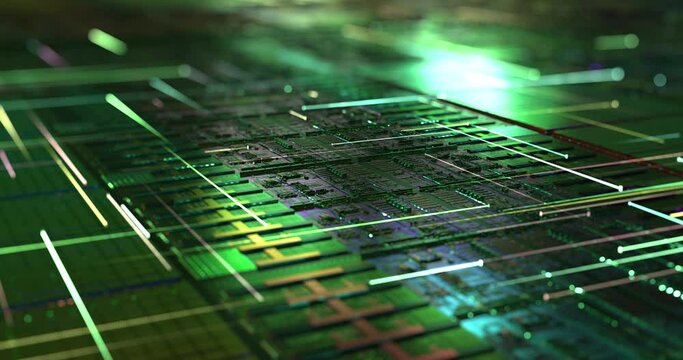 Die shot, silicon wafer technology background. Abstract application code moving in a cyberspace. Data flow texture. Bright beams moving across processors. 3D rendering, 4K Seamless loop.