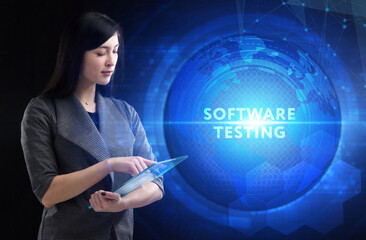 Business, Technology, Internet and network concept. Young businessman working on a virtual screen of the future and sees the inscription: Software testing